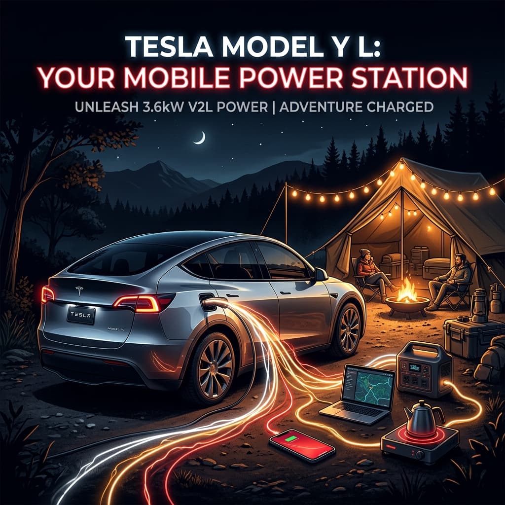 ภาพหน้าปกแสดงโครงสร้างระบบส่งกำลังไฟฟ้าจากรถ Tesla Model Y L ไปยังอุปกรณ์เครื่องใช้ไฟฟ้าต่างๆ ในสถานที่แคมป์ธรรมชาติที่มีแสงไฟอบอุ่น