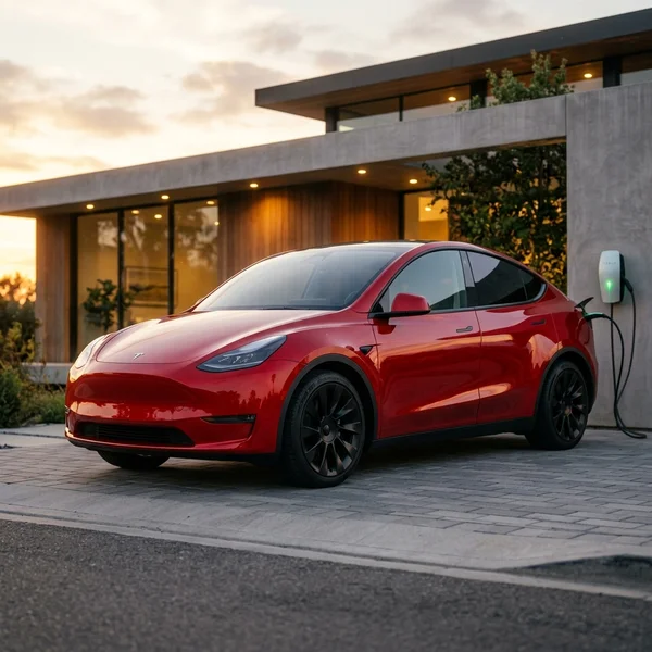 ภาพถ่ายรถยนต์ไฟฟ้า Tesla Model Y L สีแดง Ultra Red จอดชาร์จพลังงานที่บ้านสไตล์โมเดิร์นมินิมอล แสดงมิติตัวถังที่ยาวขึ้นและฐานล้อที่กว้างขวาง
