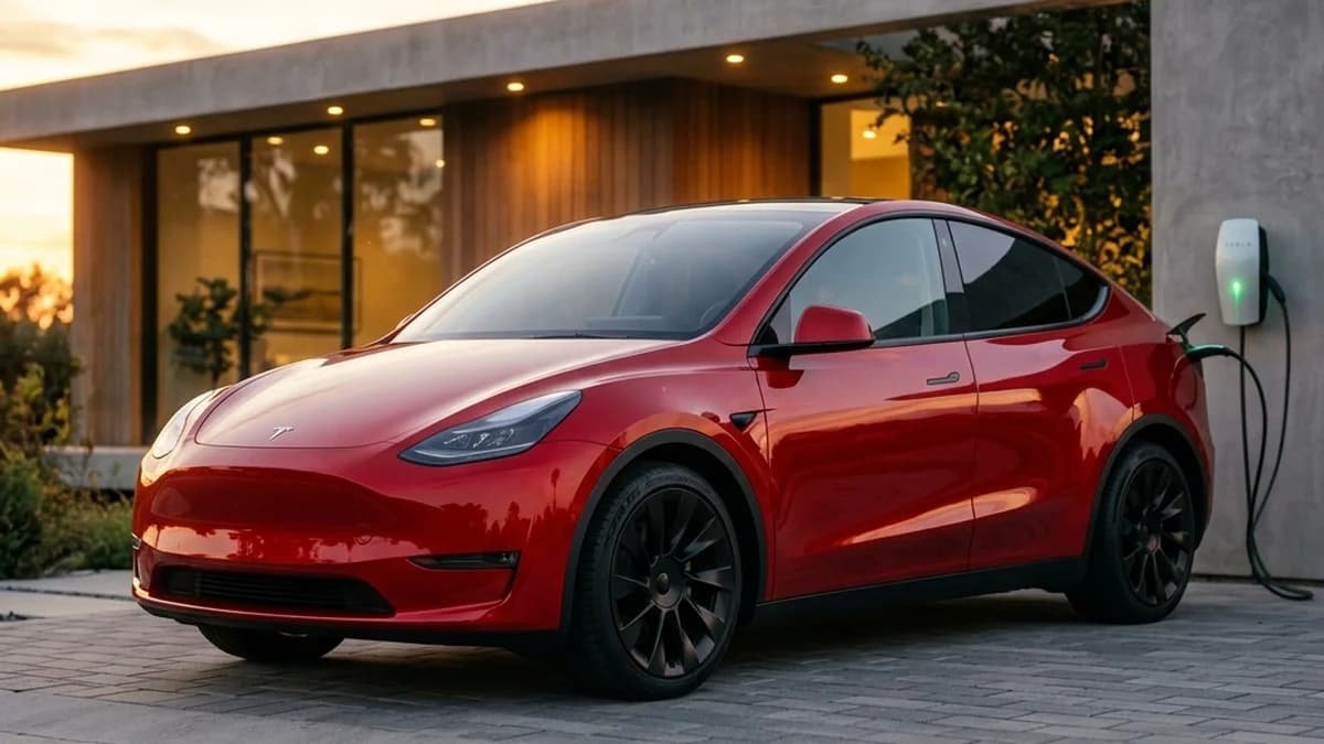 ภาพถ่ายรถยนต์ไฟฟ้า Tesla Model Y L สีแดง Ultra Red จอดชาร์จพลังงานที่บ้านสไตล์โมเดิร์นมินิมอล แสดงมิติตัวถังที่ยาวขึ้นและฐานล้อที่กว้างขวาง
