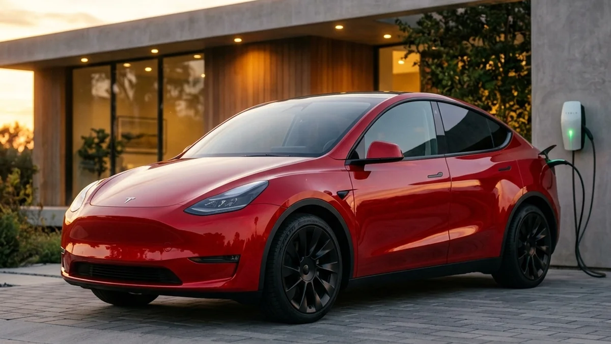 ภาพถ่ายรถยนต์ไฟฟ้า Tesla Model Y L สีแดง Ultra Red จอดชาร์จพลังงานที่บ้านสไตล์โมเดิร์นมินิมอล แสดงมิติตัวถังที่ยาวขึ้นและฐานล้อที่กว้างขวาง