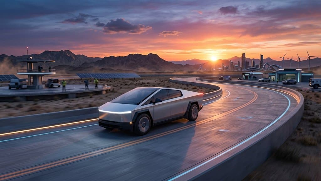 รถยนต์ไฟฟ้าไร้คนขับ Tesla Cybercab บนแทร็กทดสอบยามเย็น