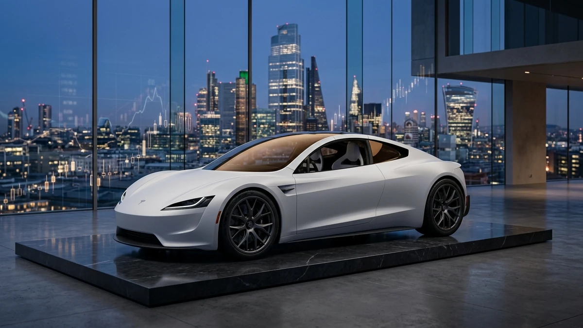 ภาพแนวคิดเชิงเศรษฐศาสตร์และการเงินของการวางเงินมัดจำจอง Tesla Roadster 2026 เทียบกับผลตอบแทนการลงทุน