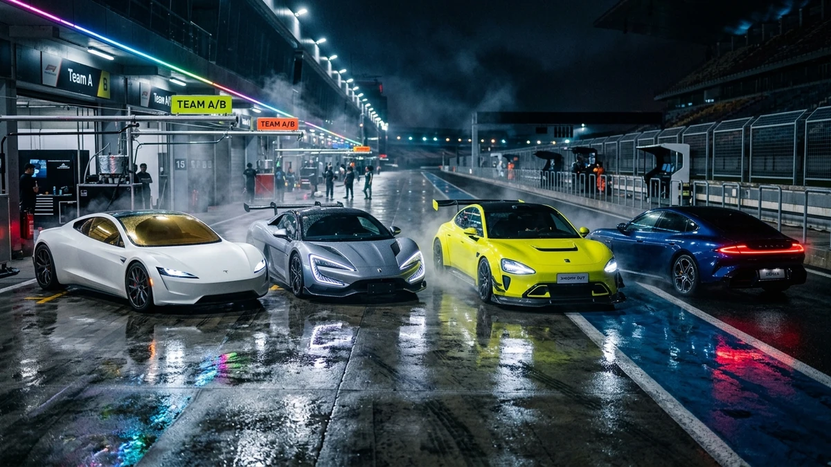 การประชันกันระหว่าง Tesla Roadster 2026, BYD Yangwang U9, Xiaomi SU7 Ultra และ BYD Denza Z บนแทร็กสนามแข่งยามค่ำคืน