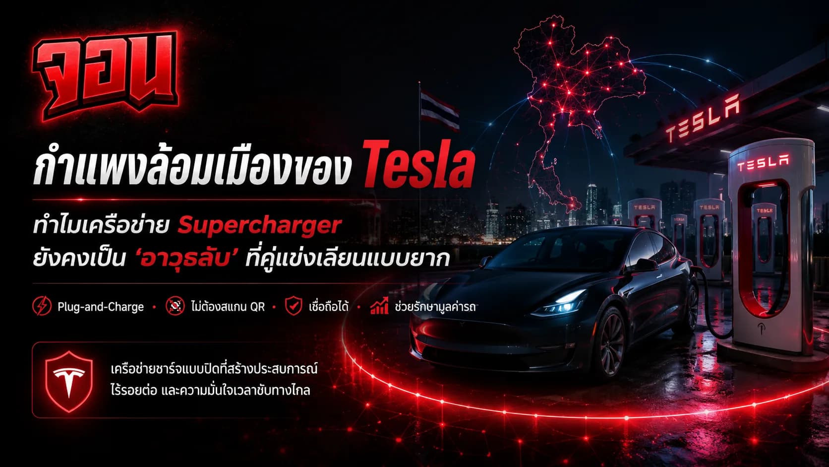 ภาพกราฟิกแสดงหัวชาร์จและตู้ชาร์จ Tesla Supercharger เปล่งแสงเรืองรองสีแดงพ่นพลังงานไฟฟ้าวิ่งสู่ตัวรถเทสลา บนลวดลายทางวิศวกรรมสีดำดูล้ำสมัย