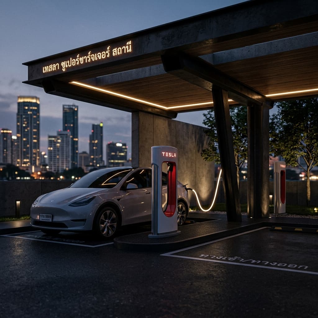 ภาพสถานี Tesla Supercharger สีแดงสดใสมีรถ Tesla กำลังเสียบชาร์จในพื้นที่ระดับพรีเมียมของไทย