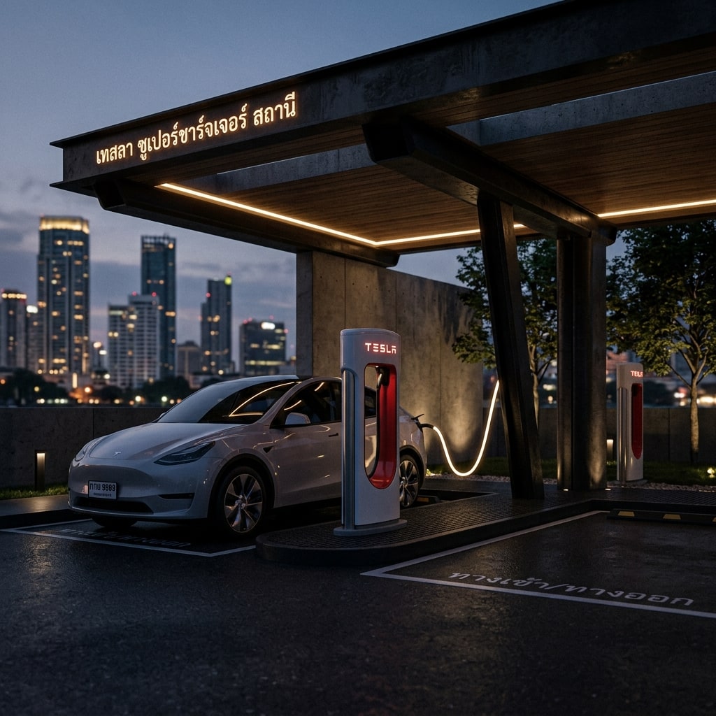 ภาพสถานี Tesla Supercharger สีแดงสดใสมีรถ Tesla กำลังเสียบชาร์จในพื้นที่ระดับพรีเมียมของไทย