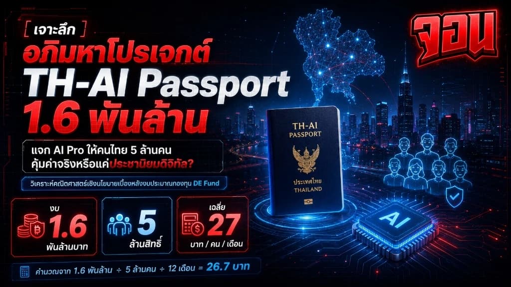 ภาพจำลองพาสปอร์ตดิจิทัล TH-AI Passport พร้อมลายเส้นวงจรไฟฟ้าสีทองพรีเมียมบนโต๊ะทำงานกระจกสีดำ