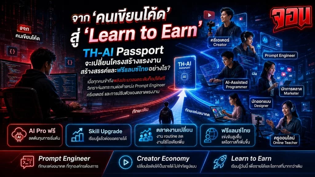ภาพดีไซน์ปกพาสปอร์ตไทย AI แผ่นวงจรเรืองแสงสีทองบนโต๊ะทำงานกระจกเท่หรูหรา