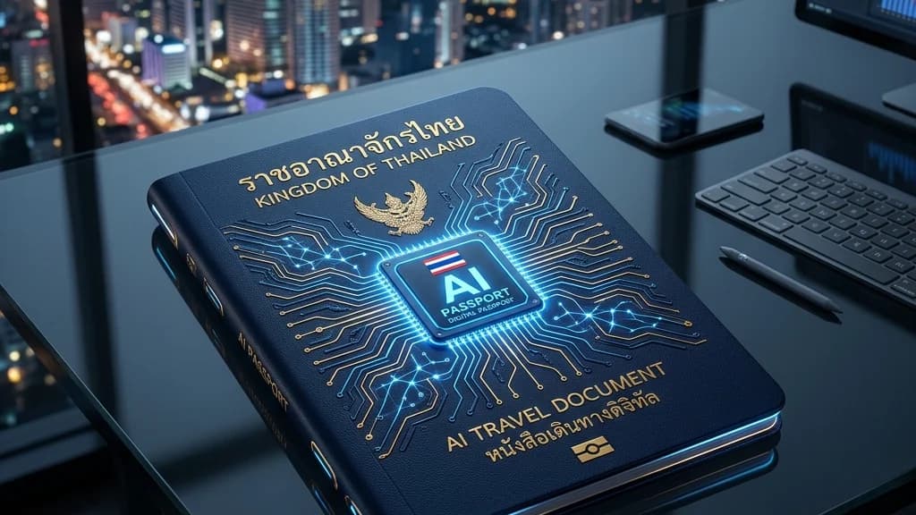 ภาพหนังสือเดินทางไทยเรืองแสงลายวงจรดิจิทัลสีทองบนโต๊ะทำงานกระจกสีดำดีไซน์เทคโนโลยีพรีเมียม