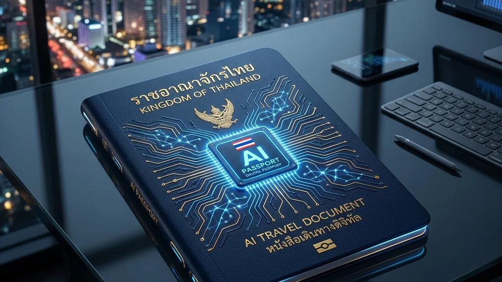 ภาพหนังสือเดินทางไทยเรืองแสงลายวงจรดิจิทัลสีทองบนโต๊ะทำงานกระจกสีดำดีไซน์เทคโนโลยีพรีเมียม