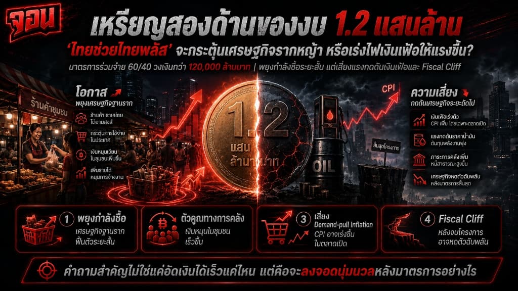 ภาพหน้าปกอินโฟกราฟิก เหรียญสองด้านของงบ 1.2 แสนล้านบาท โครงการไทยช่วยไทยพลัส
