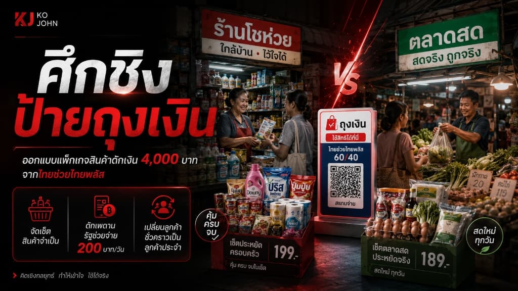ภาพอินโฟกราฟิกเด่นระบุหัวข้อ ศึกชิงป้ายถุงเงิน ออกแบบแพ็กเกจสินค้าดักเงิน 4,000 บาท จากไทยช่วยไทยพลัส โดย Ko John