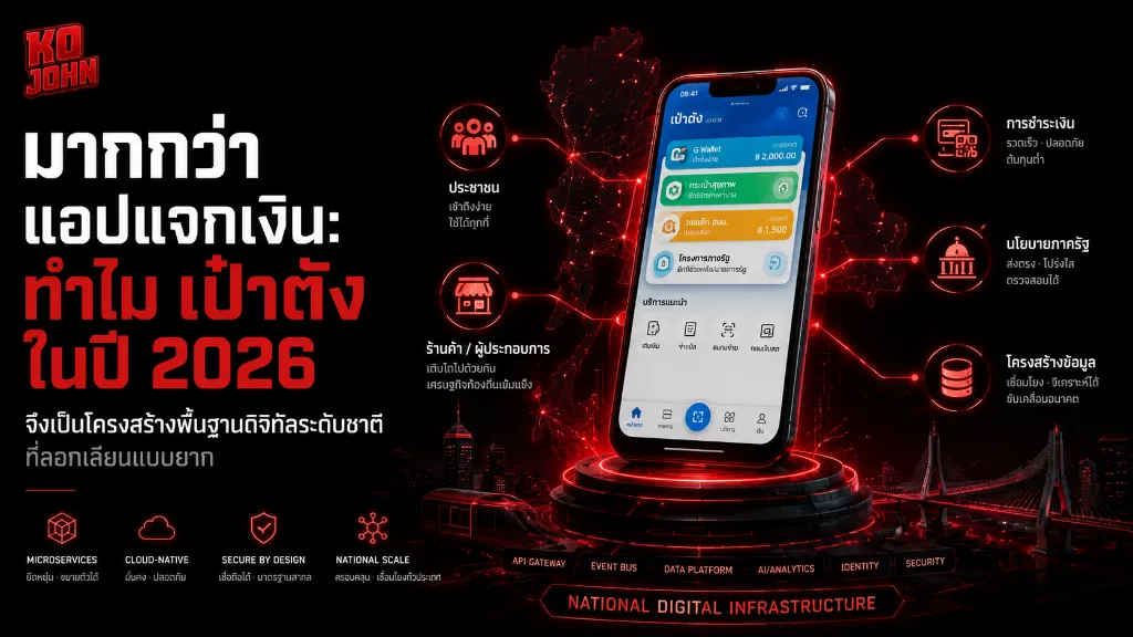 ภาพอินโฟกราฟิกเด่นระบุหัวข้อ มากกว่าแอปแจกเงิน ทำไมเป๋าตังในปี 2026 จึงเป็นโครงสร้างพื้นฐานดิจิทัลระดับชาติที่ลอกเลียนแบบยาก โดย Ko John