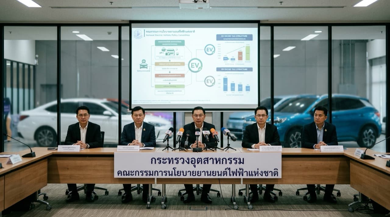 การแถลงข่าวมติคณะกรรมการนโยบายยานยนต์ไฟฟ้าแห่งชาติ (บอร์ด EV) นำโดยนายเอกนิติ นิติทัณฑ์ประภาศ เผยโครงสร้างภาษีสรรพสามิต 3 Tiers ใหม่บนจอฉายภาพ