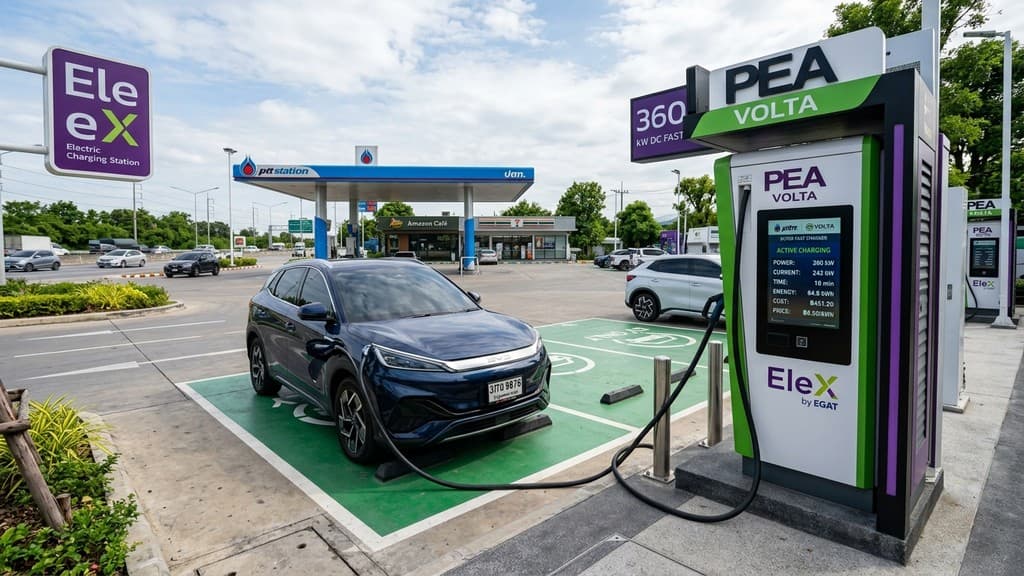 รถยนต์ไฟฟ้ากำลังเสียบชาร์จตู้ DC Fast Charge 360 kW ณ สถานีบริการริมทางหลวงในประเทศไทย พร้อมป้ายแสดงอัตราค่าบริการชาร์จไฟ