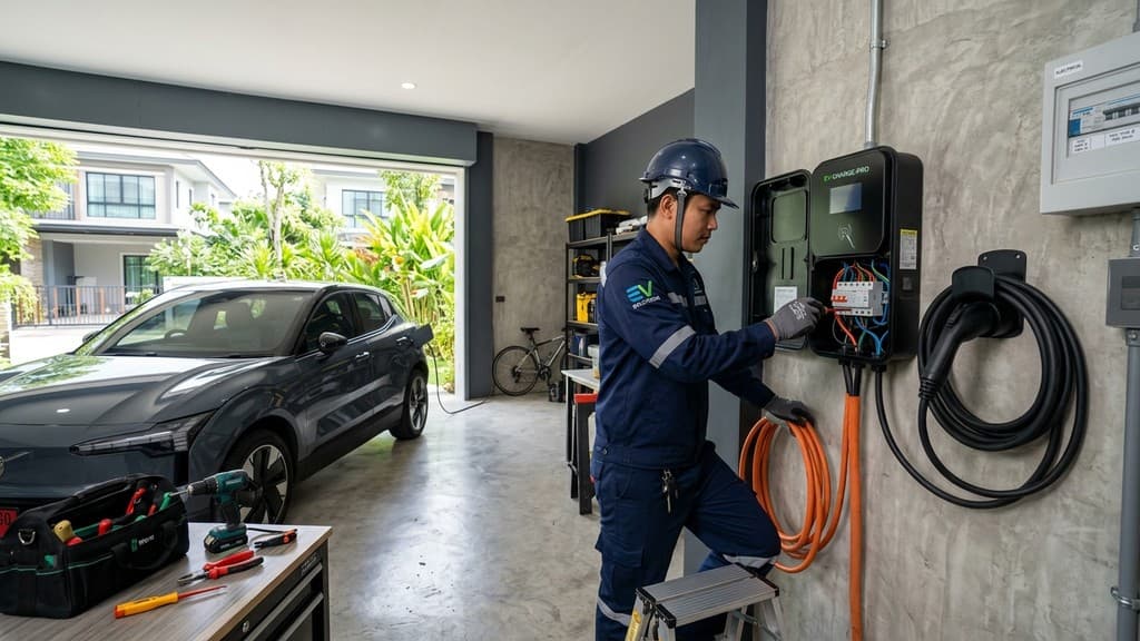 ช่างไฟฟ้ากำลังทำการติดตั้งเครื่องชาร์จไฟ EV Home Charger Wallbox ขนาด 22 kW พร้อมเบรกเกอร์ความปลอดภัยในโรงจอดรถกรุงเทพฯ