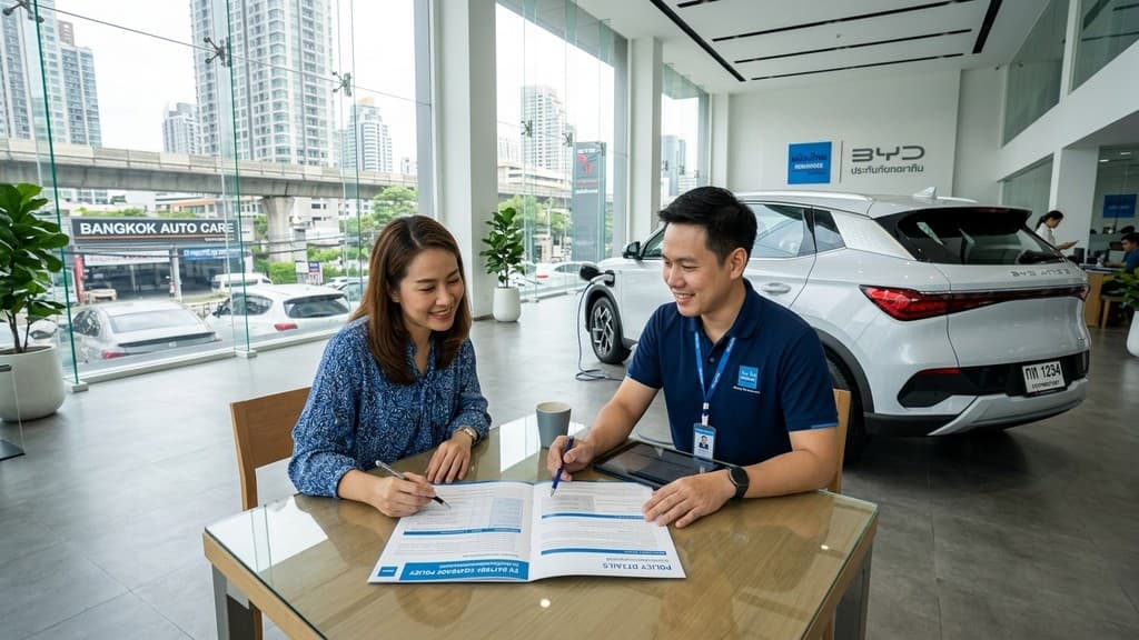 ตัวแทนประกันภัยกำลังอธิบายเงื่อนไขการคุ้มครองแบตเตอรี่รถไฟฟ้าในเอกสารกรมธรรม์แก่ลูกค้า