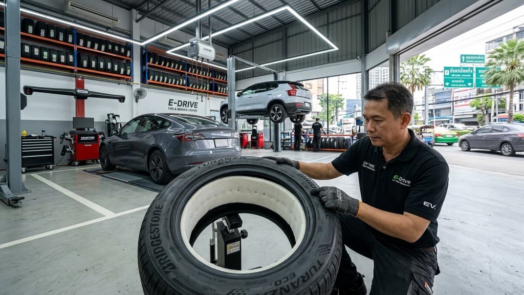 ช่างเทคนิคศูนย์บริการยางรถยนต์ไฟฟ้าระดับมืออาชีพกำลังตรวจสอบยางรถ EV ที่มีแถบโฟมซับเสียงด้านในและสัญลักษณ์รับน้ำหนัก HL