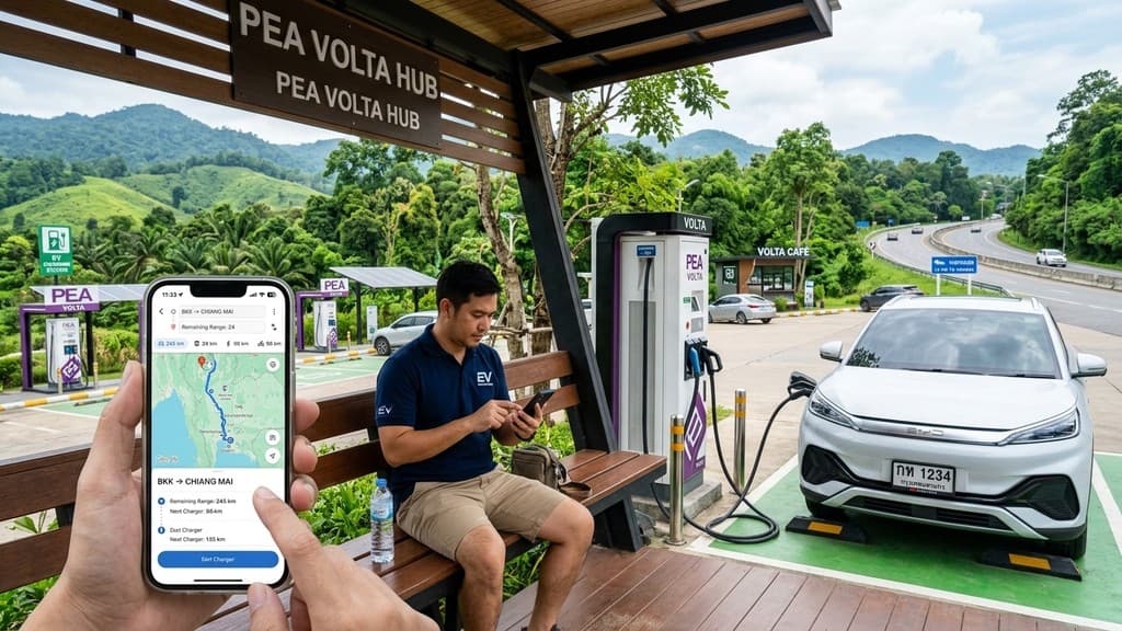 คนขับรถไฟฟ้ากำลังใช้สมาร์ตโฟนวางแผนเส้นทางผ่านแอป EV Trip Planner ณ จุดพักรถสถานีชาร์จท่ามกลางธรรมชาติ