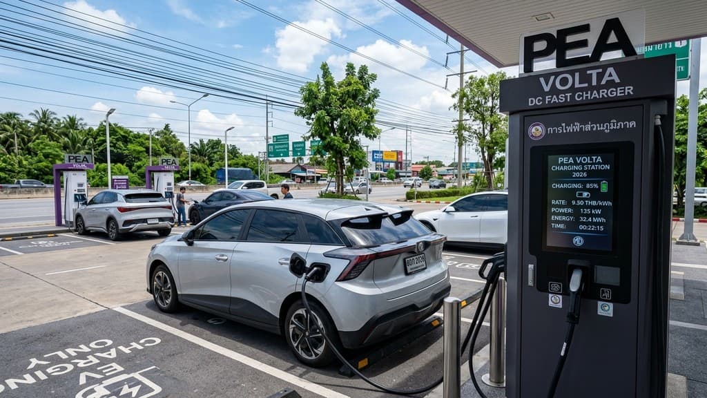 ตู้ชาร์จไฟ PEA VOLTA DC Fast Charger แสดงหน้าจอมอนิเตอร์อัตราค่าไฟบาทต่อหน่วย ณ จุดบริการในไทย