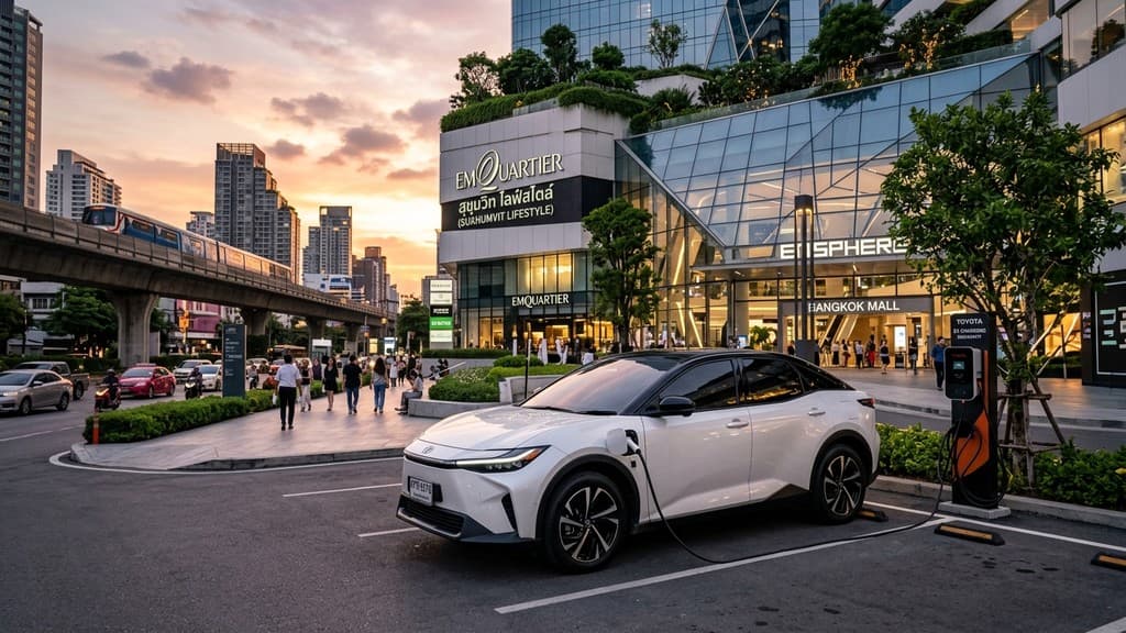 Toyota bZ3X สีขาวมุกหลังคาสีดำทูโทน จอดเสียบชาร์จไฟฟ้า AC หน้าศูนย์การค้าไลฟ์สไตล์ใจกลางสุขุมวิท กรุงเทพฯ ช่วงพระอาทิตย์ตกดิน