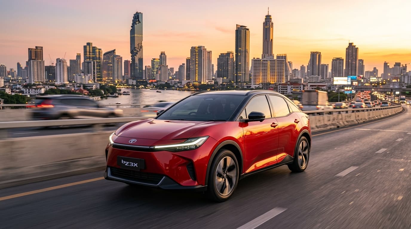 Toyota bZ3X รถยนต์ไฟฟ้าคอมแพกต์เอสยูวี สีแดงเมทัลลิก ดีไซน์ด้านหน้าแบบ Hammerhead ไฟหน้า LED รูปตัว C วิ่งบนถนนยกระดับในกรุงเทพฯ ยามเช้า