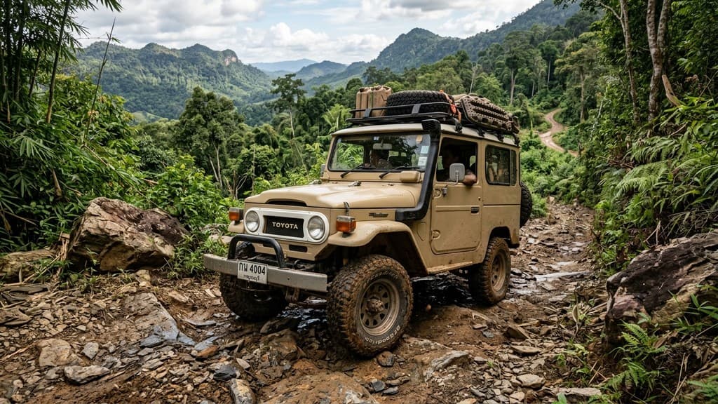 Toyota Land Cruiser FJ สีครีมสไตล์ออฟโรดคลาสสิก พร้อมแร็คสัมภาระหลังคาและยาง All-Terrain กำลังลุยผ่านเส้นทางดินหินภูเขาในจังหวัดกาญจนบุรี