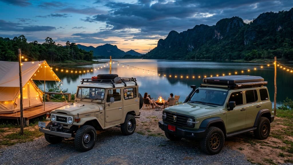 Toyota Land Cruiser FJ สีครีมทะเลทราย และ GWM TANK 300 สีเขียวโอลีฟ จอดเคียงข้างกัน ณ จุดกางเต็นท์ริมทะเลสาบในจังหวัดราชบุรี ยามพลบค่ำ