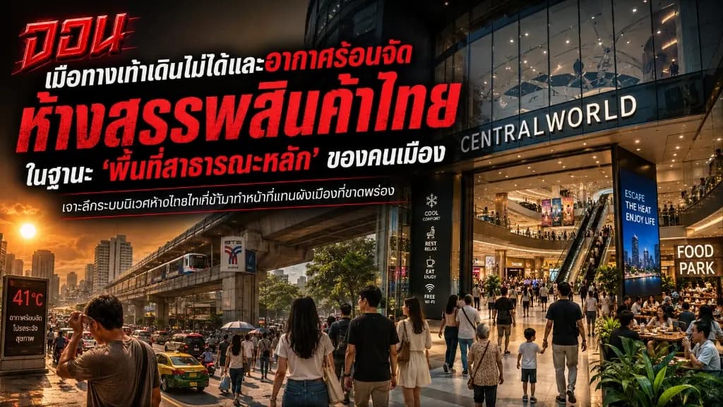 ภาพหน้าปกแสดงบรรยากาศสถาปัตยกรรมห้างสรรพสินค้าไทยที่ทันสมัยและหรูหรา มีทางเชื่อมเข้าสู่รถไฟฟ้าลื่นไหล