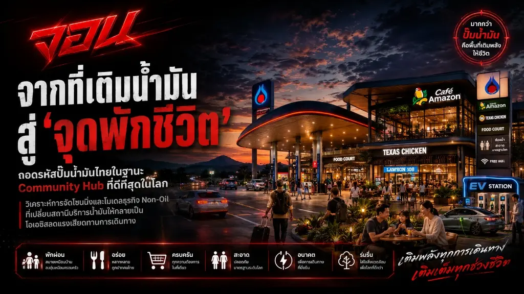ภาพหน้าปกบทความระบบปั๊มน้ำมันไทยยามค่ำคืนที่มีแสงไฟอบอุ่น มีร้านค้าและพื้นที่พักผ่อนครบวงจร