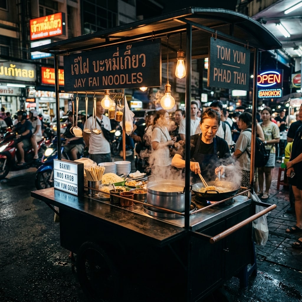 ภาพหน้าปกบทความร้านสตรีทฟู้ดริมทางเท้ากรุงเทพฯ ยามเย็น มีควันร้อนๆ และแสงไฟส้มพรีเมียมอบอุ่น มีคนเข้าคิวยืนรอรับประทานอาหาร