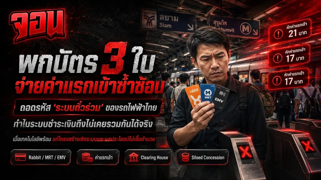 ภาพหน้าปกแสดงระบบรางรถไฟฟ้ากรุงเทพฯ ที่ตัดกันอย่างซับซ้อน และภาพนามธรรมของบัตรชำระเงินหลายใบสะท้อนปัญหาตั๋วร่วม