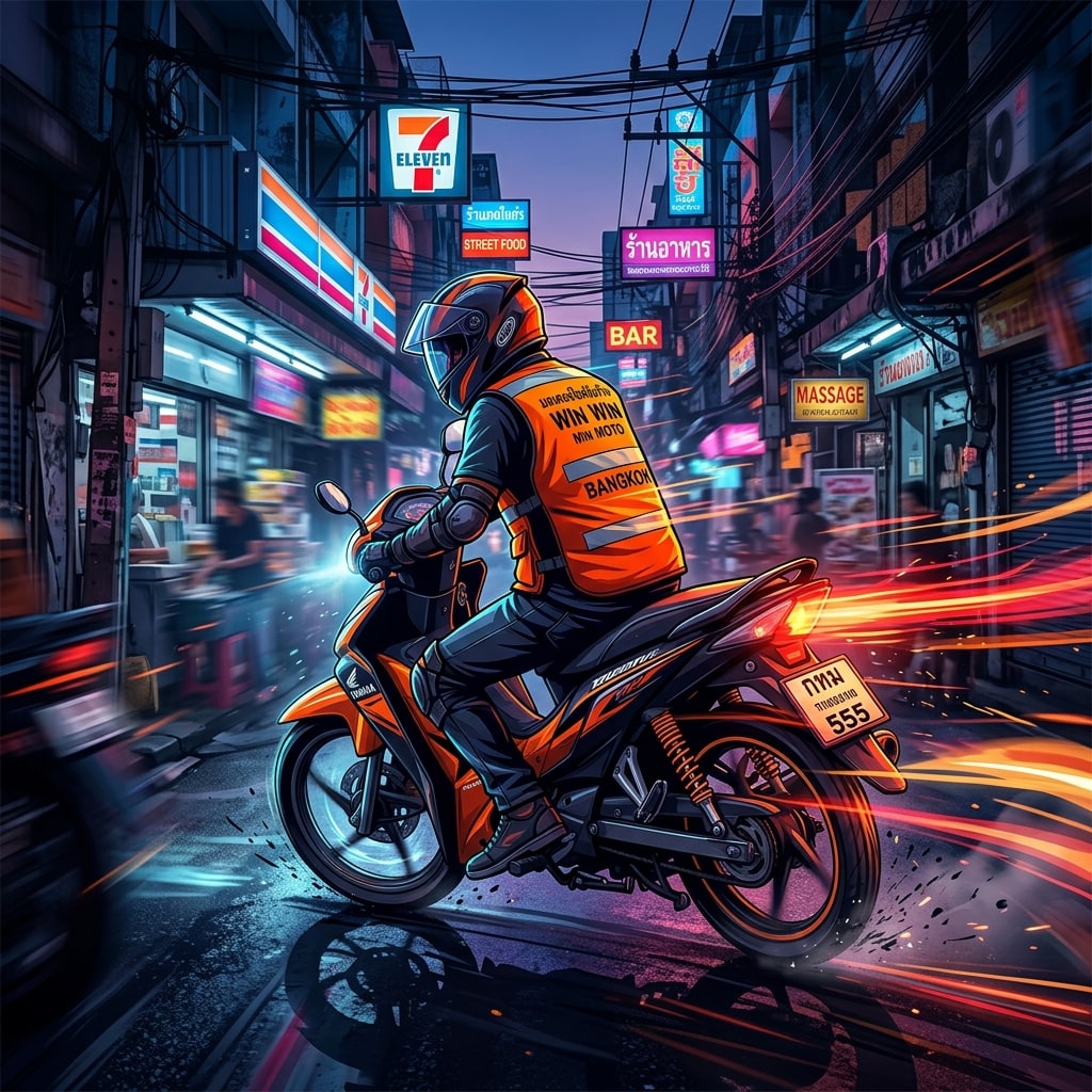 ภาพหน้าปกบทความวินมอเตอร์ไซค์รับจ้างสีส้มวิ่งผ่านตรอกซอกซอยกรุงเทพฯ ในเวลาพลบค่ำด้วยความรวดเร็วและคล่องตัว