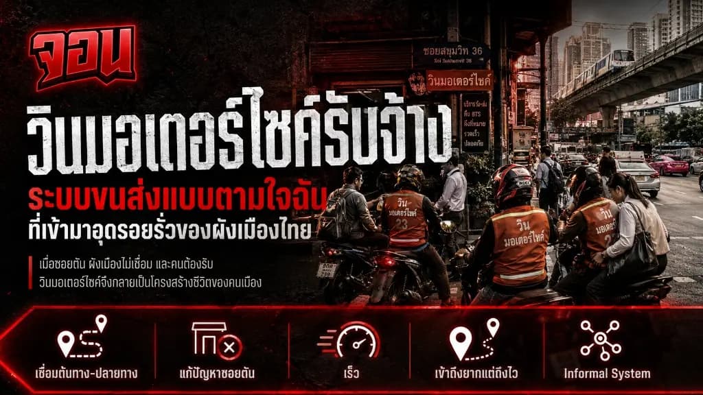ภาพหน้าปกบทความวินมอเตอร์ไซค์รับจ้างสีส้มวิ่งผ่านตรอกซอกซอยกรุงเทพฯ ในเวลาพลบค่ำด้วยความรวดเร็วและคล่องตัว