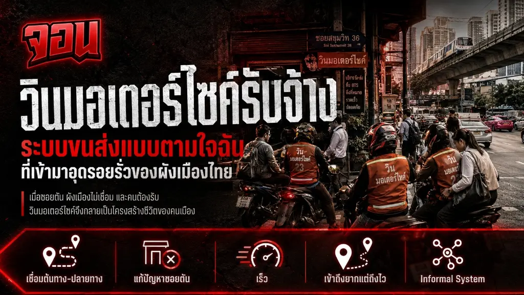 ภาพหน้าปกบทความวินมอเตอร์ไซค์รับจ้างสีส้มวิ่งผ่านตรอกซอกซอยกรุงเทพฯ ในเวลาพลบค่ำด้วยความรวดเร็วและคล่องตัว