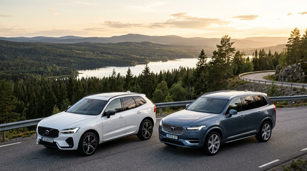 Volvo XC60 สีขาว และ Volvo XC90 สีฟ้าเดนิม รุ่นปี 2027 จอดเคียงข้างกันบนถนนโค้งเลียบทะเลสาบและป่าสนสแกนดิเนเวีย เผยไฟหน้าค้อนทอร์ดีไซน์ใหม่