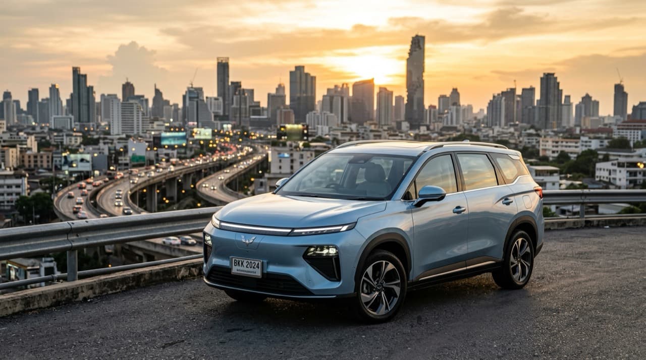Wuling EKSION EV รถยนต์ไฟฟ้าทรงเอสยูวี 7 ที่นั่ง สีฟ้า Glacier Blue ทันสมัย จอดบนจุดชมวิวทางยกระดับมองเห็นเส้นขอบฟ้าและตึกระฟ้าของกรุงเทพฯ ยามเย็น