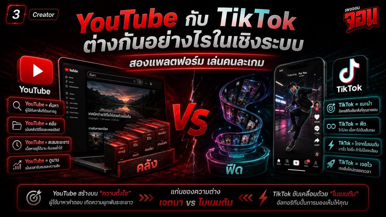 ภาพปกบทความเปรียบเทียบ YouTube ในฐานะคลังเนื้อหาและการค้นหา กับ TikTok ในฐานะฟีดแนะนำที่ขับเคลื่อนด้วยโมเมนตัมและความสนใจ