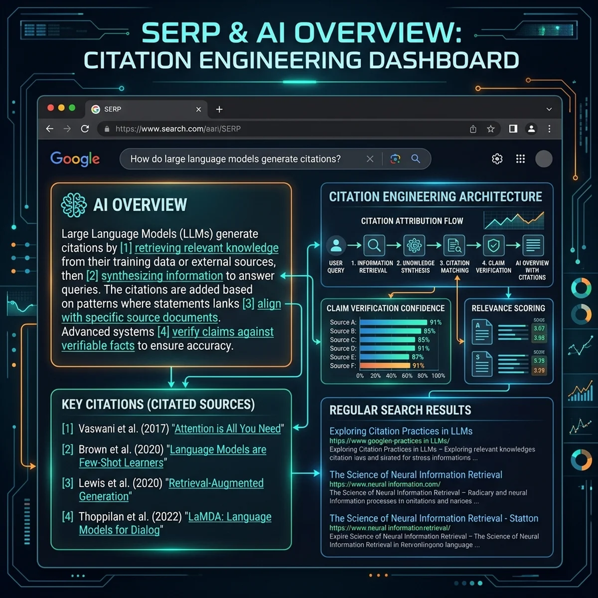 อินโฟกราฟิกการทำงานและกระบวนการอ้างอิงของ AI Search Overviews ในหน้าแสดงผลการค้นหา SERP