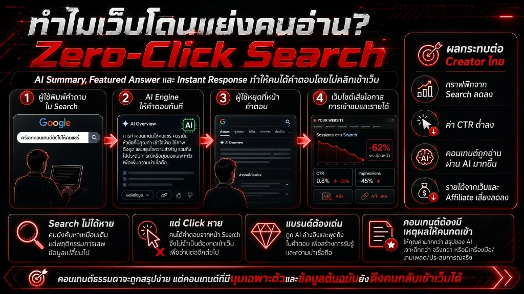 อินโฟกราฟิกผลกระทบวิกฤต Zero-Click Search และการแบ่งผลกระทบคีย์เวิร์ดแต่ละประเภท