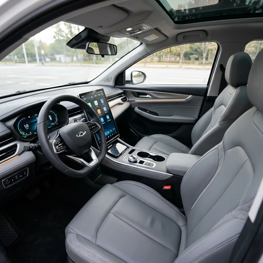 ภายในห้องโดยสาร Chery Q มาพร้อมเบาะปรับไฟฟ้าคู่หน้าและจอกลางสัมผัสขนาดใหญ่ 15.6 นิ้ว