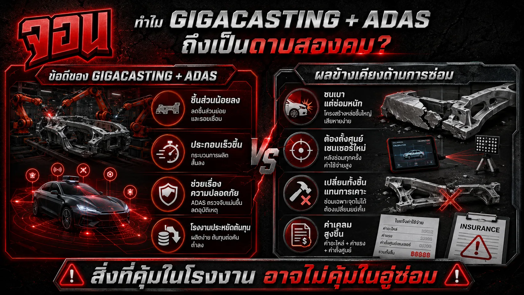 อินโฟกราฟิกจุดเด่นและดาบสองคมของการผลิตตัวถังแบบ Gigacasting ในรถยนต์ไฟฟ้า