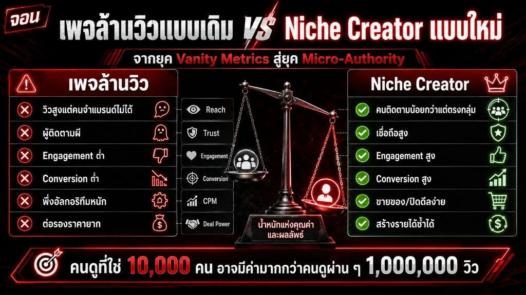 อินโฟกราฟิกเปรียบเทียบเพจล้านวิวแบบเดิมกับครีเอเตอร์เฉพาะกลุ่ม Niche Creator แบบใหม่