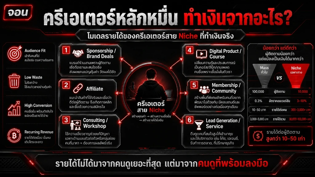อินโฟกราฟิกวิเคราะห์ช่องทางการสร้างรายได้และแบบจำลองการแปลงผู้ติดตามเป็นเงินของ Niche Creator