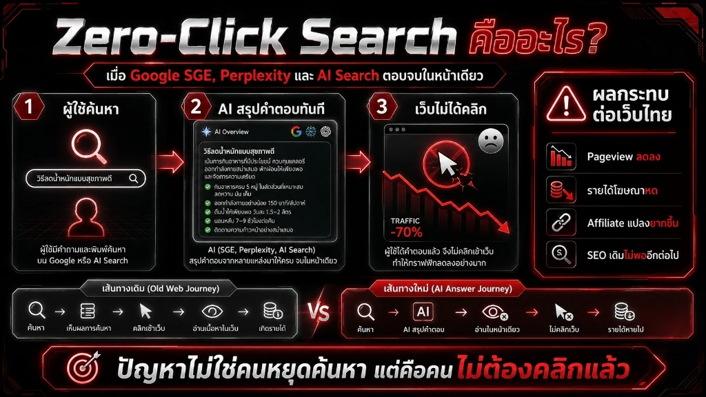 อินโฟกราฟิกอธิบายสภาวะ Zero-Click Search และผลกระทบของการตอบคำถามจบในหน้าเดียวต่อทราฟฟิกเว็บไทย