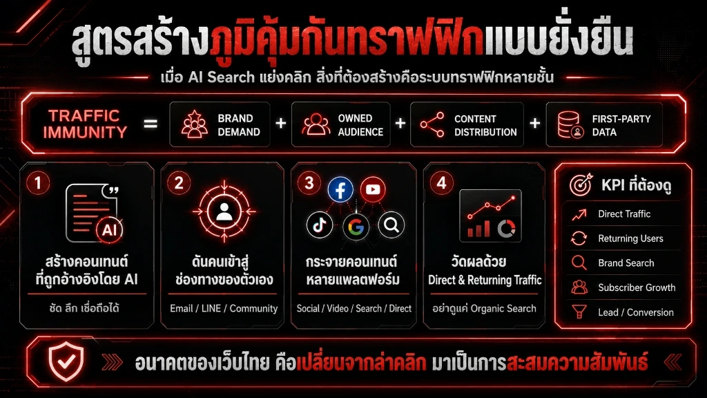 อินโฟกราฟิกแสดงแผนภูมิตราสินค้า Owned Media และสูตรการสร้างภูมิคุ้มกันทราฟฟิกแบบยั่งยืนด้วยทราฟฟิกหลายชั้น