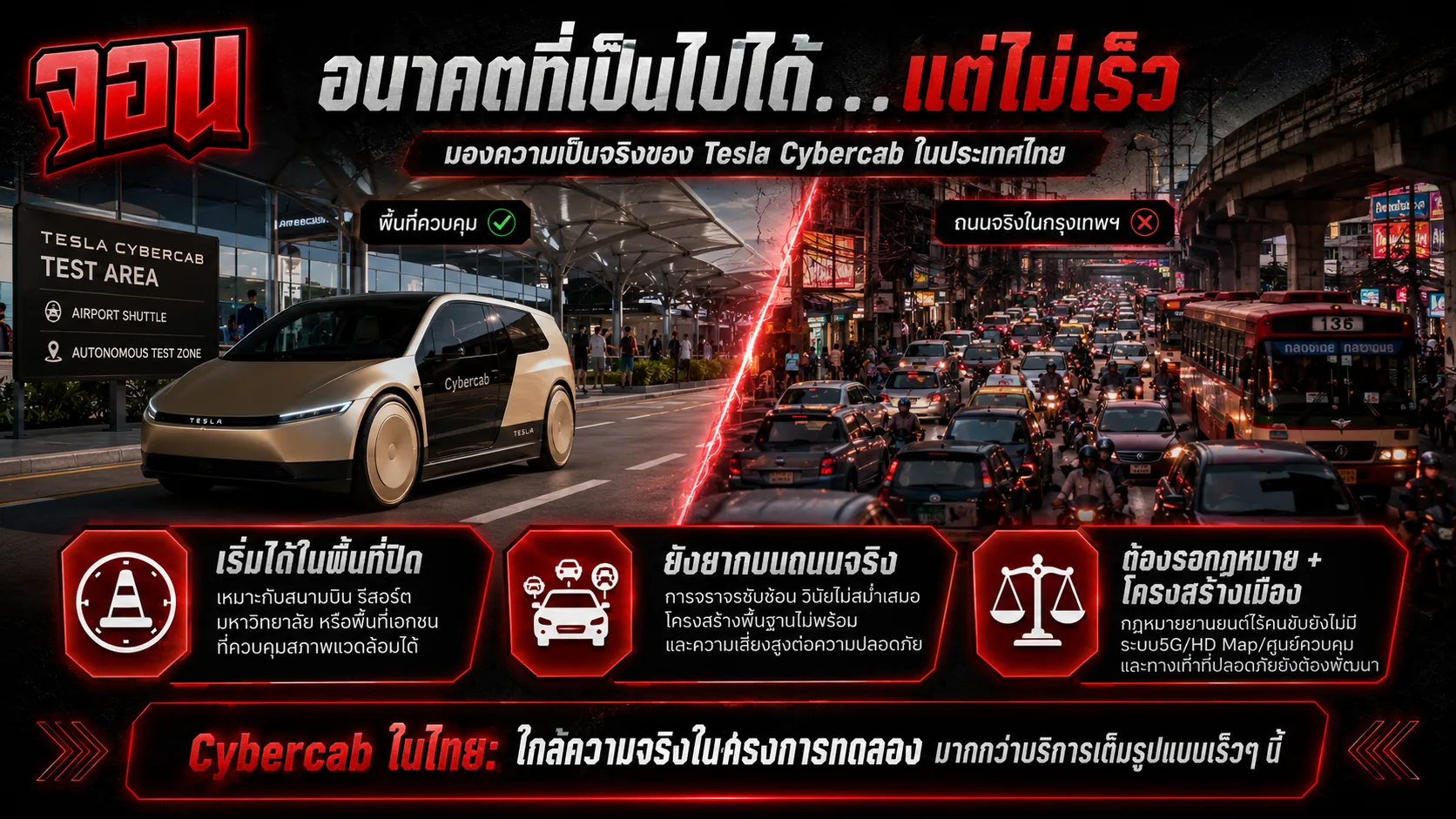 อินโฟกราฟิก วิเคราะห์ความเป็นจริงและการทดลองใช้งาน Tesla Cybercab ในไทย