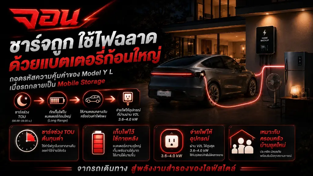 อินโฟกราฟิก แสดงกระบวนการทำ Arbitrage พลังงานผ่านระบบ V2L ของ Tesla Model Y L ด้วยมิเตอร์ TOU ชาร์จถูกช่วงกลางคืนและนำกระแสไฟก้อนใหญ่มาจ่ายใช้ในบ้านช่วงค่าไฟแพงตอนกลางวัน