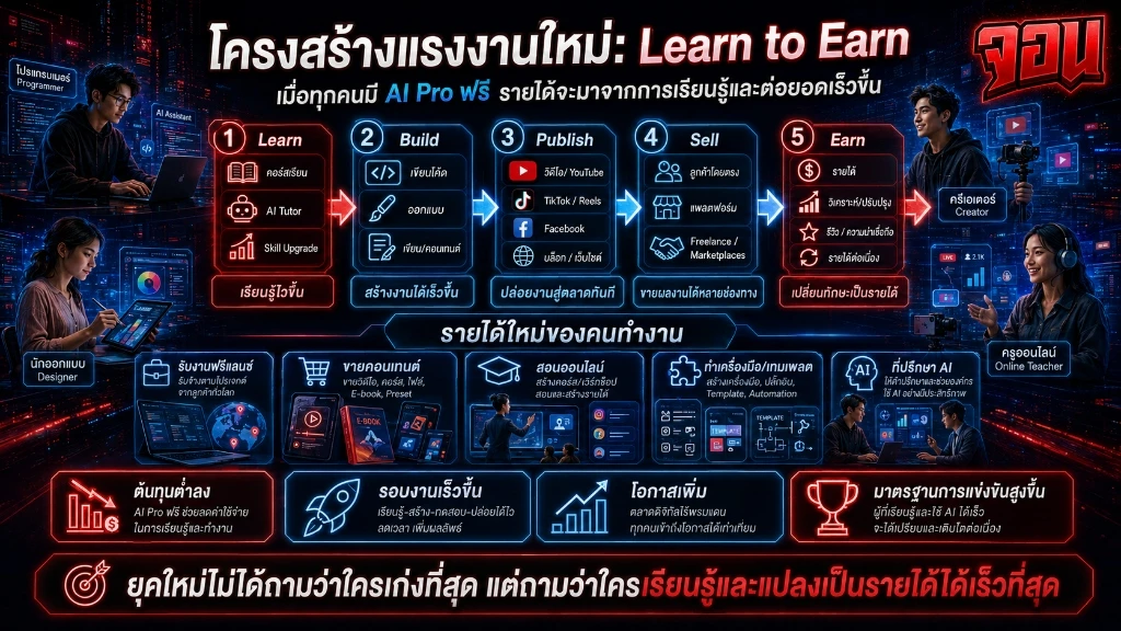อินโฟกราฟิกแสดงโครงสร้างแรงงานใหม่ภายใต้แนวคิด Learn to Earn เมื่อทุกคนได้รับสิทธิ์ใช้ AI Pro ฟรี