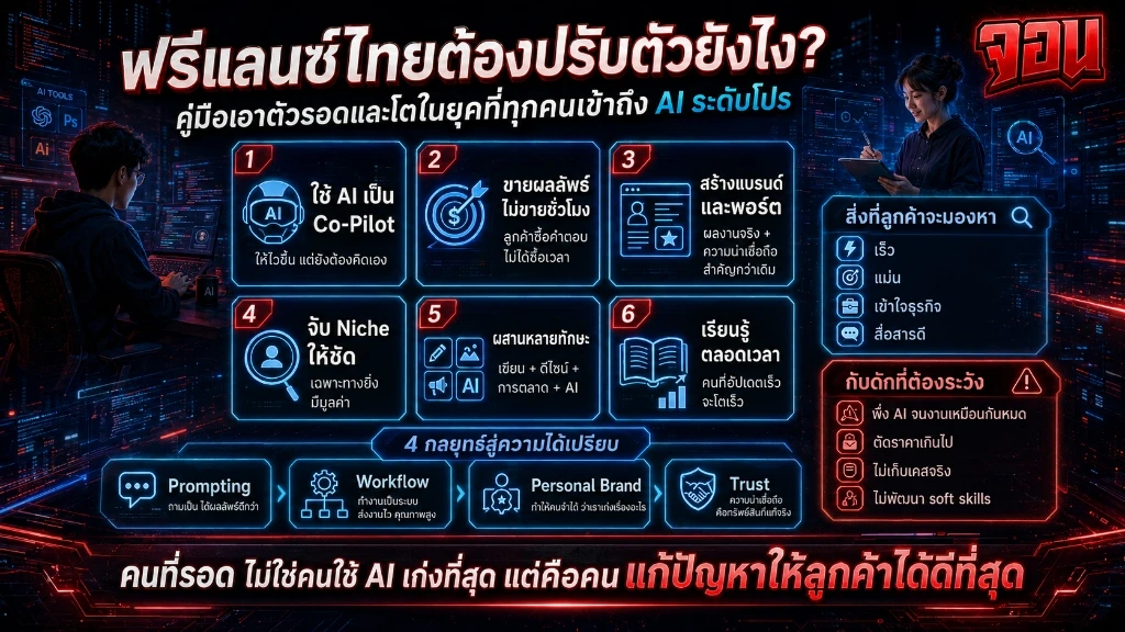 อินโฟกราฟิกแนะนำ 6 แนวทางและ 4 กลยุทธ์การปรับตัวเพื่อให้ฟรีแลนซ์ไทยอยู่รอดและเติบโตท่ามกลางคู่แข่งที่เข้าถึง AI ระดับโปร